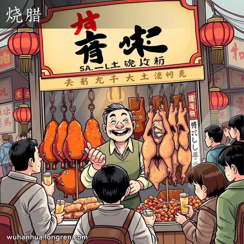 武汉传统市场的烧腊摊位，摊主微笑招呼顾客，背景有灯笼和横幅，顾客们享受美味的烧腊和酒水
