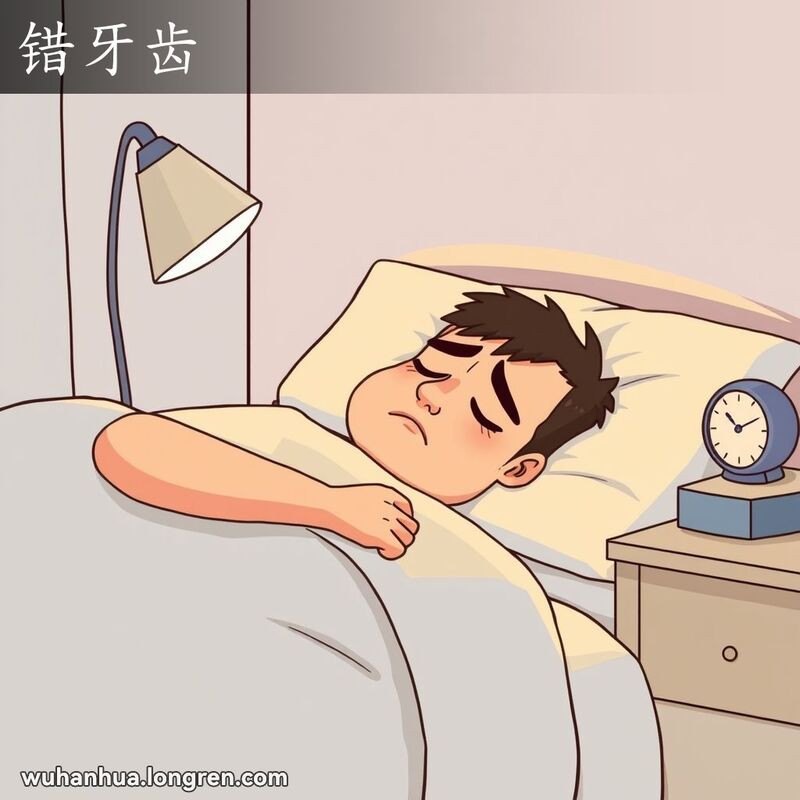 一个人在卧室里深睡，嘴巴微微张开，上下牙齿紧紧咬合，表现出磨牙的动作，房间宁静温馨。