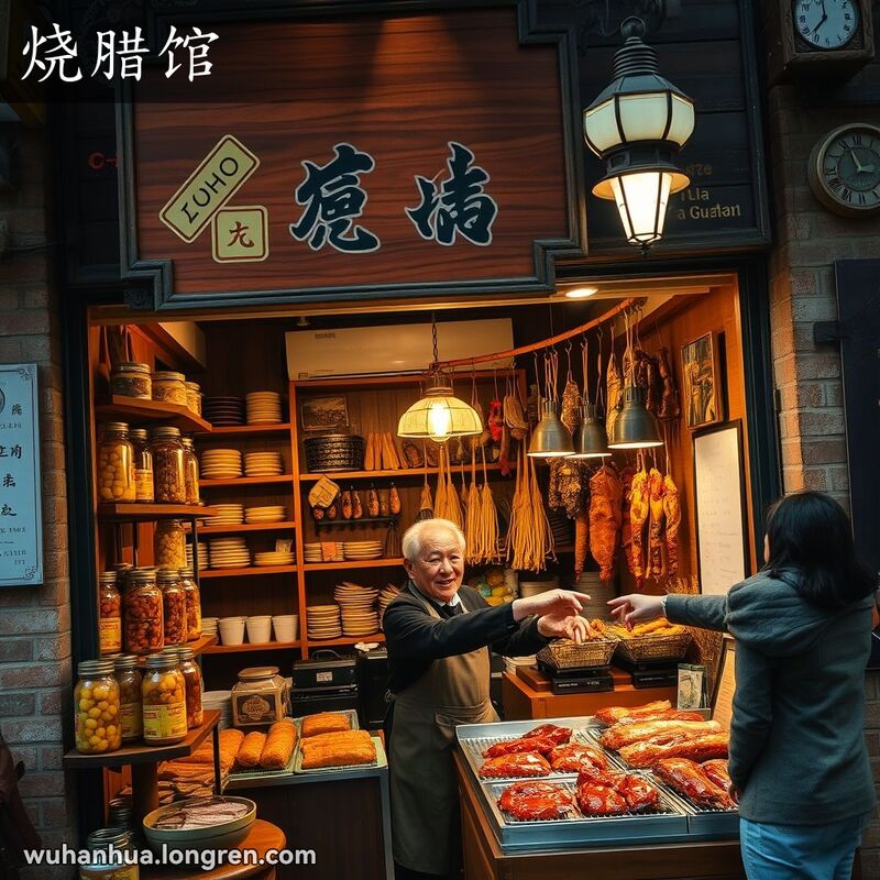 一家旧时武汉的烧腊馆，店铺门口挂着古色古香的木质招牌，店内陈列着各种卤肉和酱肉，老店主微笑着招待顾客。