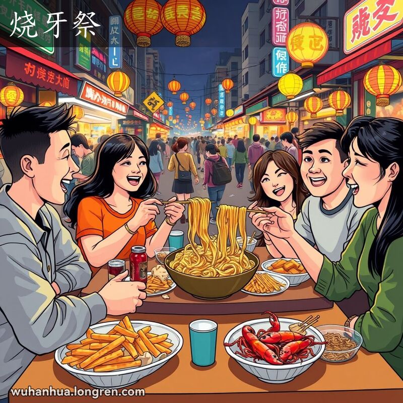 一群武汉朋友围坐在夜市摊前，享受美食，背景是热闹的夜市景象