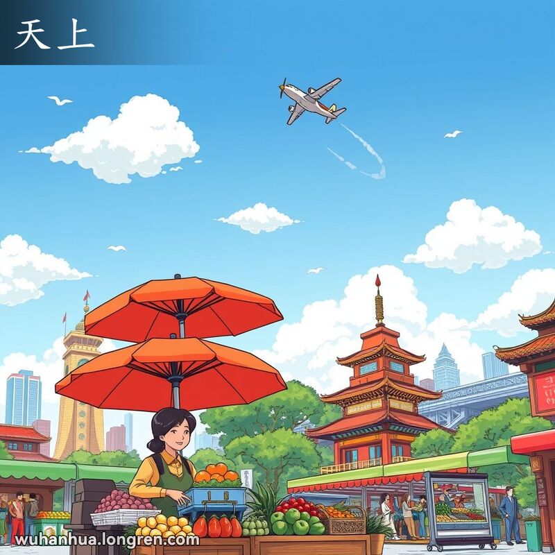 武汉阳光明媚的天空，小飞机飞过，街市摊贩忙碌，背景是黄鹤楼和长江大桥