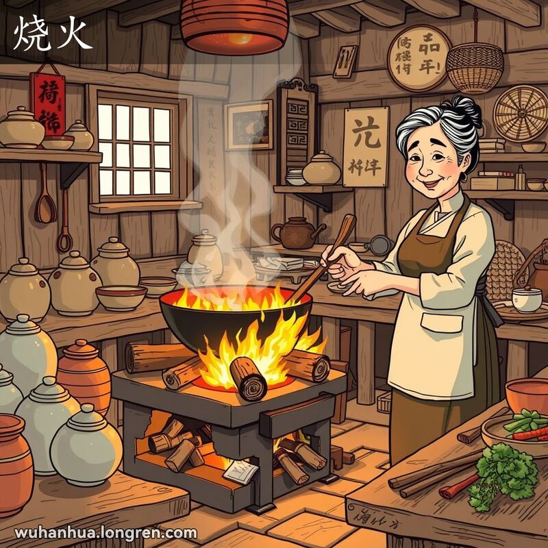 一位中年妇女在传统厨房中添加柴火，准备做饭，背景是温馨的家庭氛围