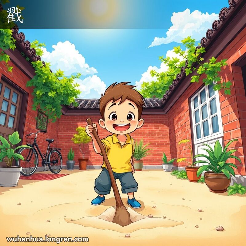 一个小男孩在武汉庭院中用棍子戳沙子，背景有自行车和植物，画面充满童趣