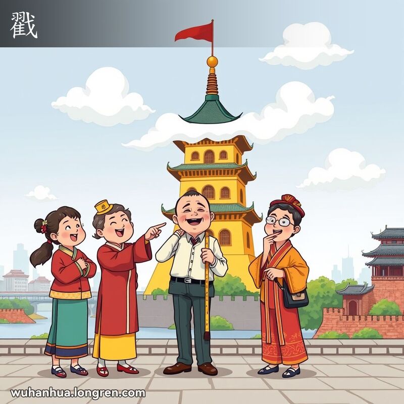一群武汉人站在黄鹤楼前，塔楼上半部分被云雾笼罩，人们指着塔楼讨论，背景有长江和老城墙