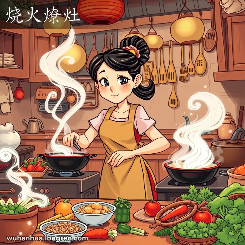 一位妇女在忙碌的厨房中同时炒菜和切菜，表情专注而略显疲惫，背景是传统中式厨房