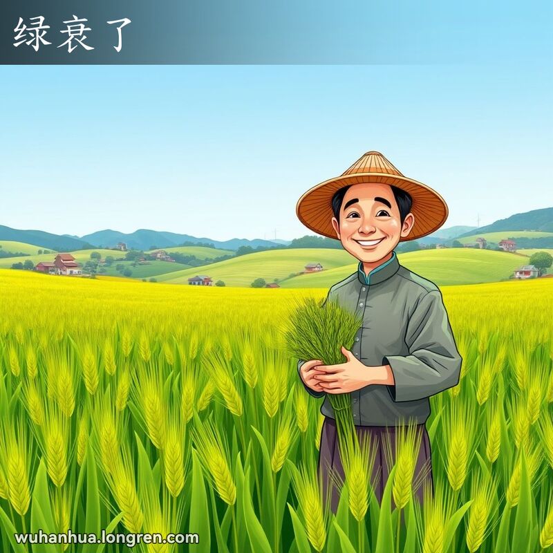 一片绿油油的麦田，麦穗在阳光下闪烁，一位武汉农民手捧麦穗，背景是起伏的山丘和远处的乡村景象