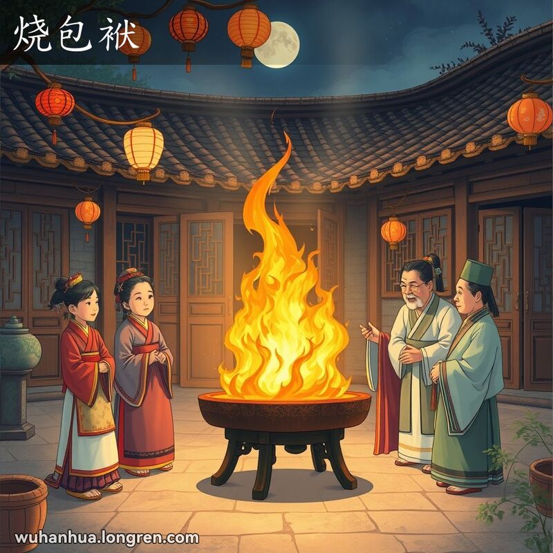武汉家庭在七月十五鬼节晚上祭祖，焚烧纸制的“包袱”祭品，背景是武汉老式建筑和月光