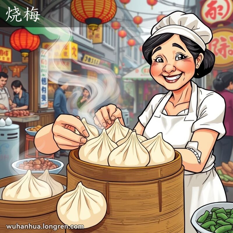 一位武汉街头小贩正在准备烧卖，背景是热闹的街头市场