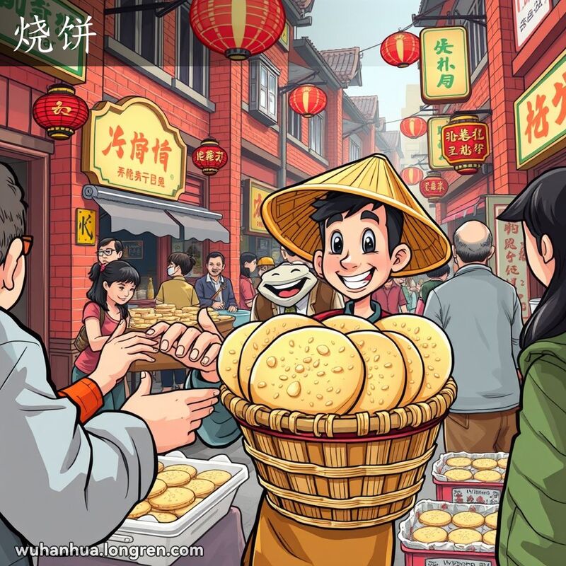 武汉街头市场，小贩挎着竹篮卖芝麻烧饼，顾客们踊跃购买，背景有其他摊贩和热闹的市场氛围。