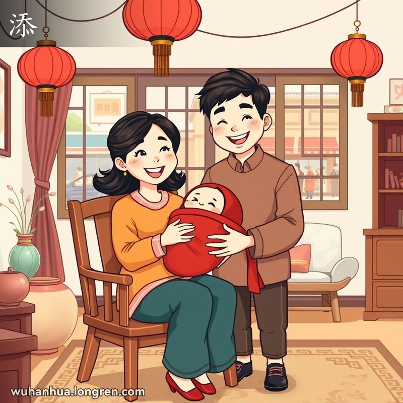 一对武汉夫妇在家中抱着新生儿子，脸上洋溢着幸福的笑容，背景是温馨的客厅和繁忙的街景