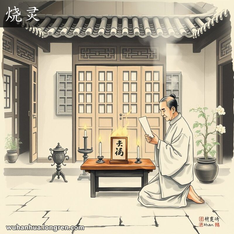 一位中年男子在传统武汉葬礼仪式中，跪在祭坛前焚化灵牌，背景是武汉老院子