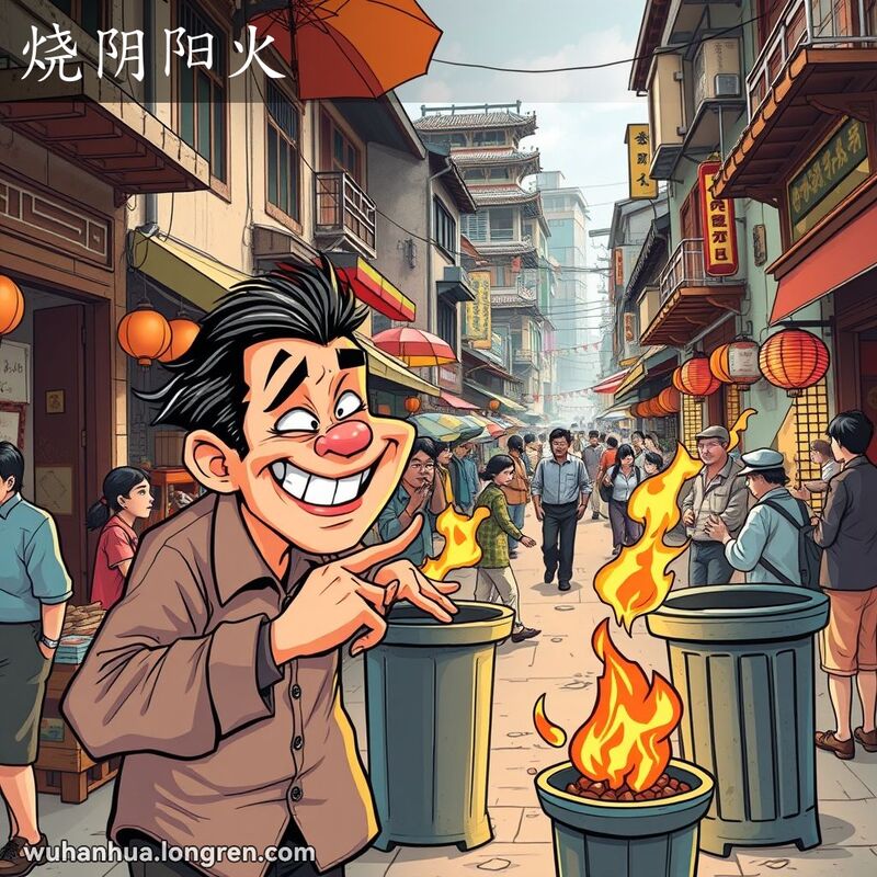 一个人在武汉老街上对另一个人耳语，试图煽风点火，背景中有小火焰和争吵的人群