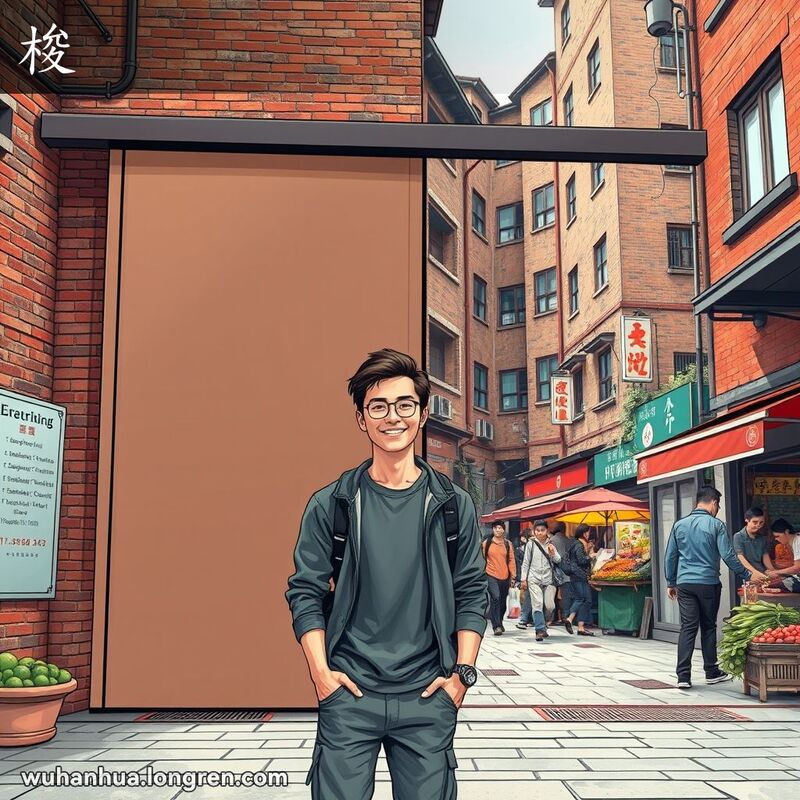 一位年轻男子站在武汉街头的滑动门前，手势示意门顺畅滑动，背景是繁忙的街道。