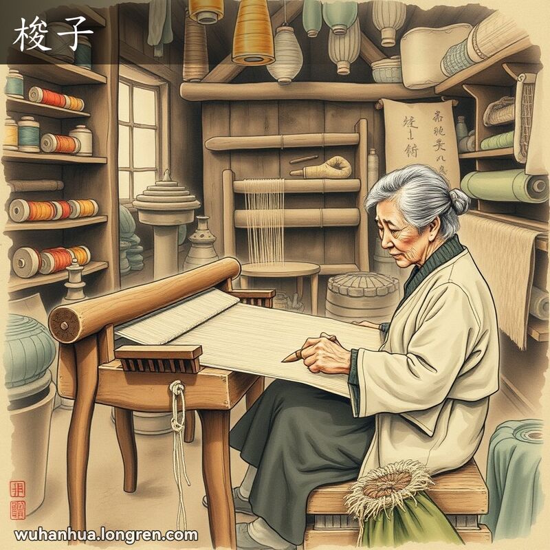 一位武汉老织工在传统织布车间内工作，手持梭子牵引纬线，背景有线轴、织布和其他工具