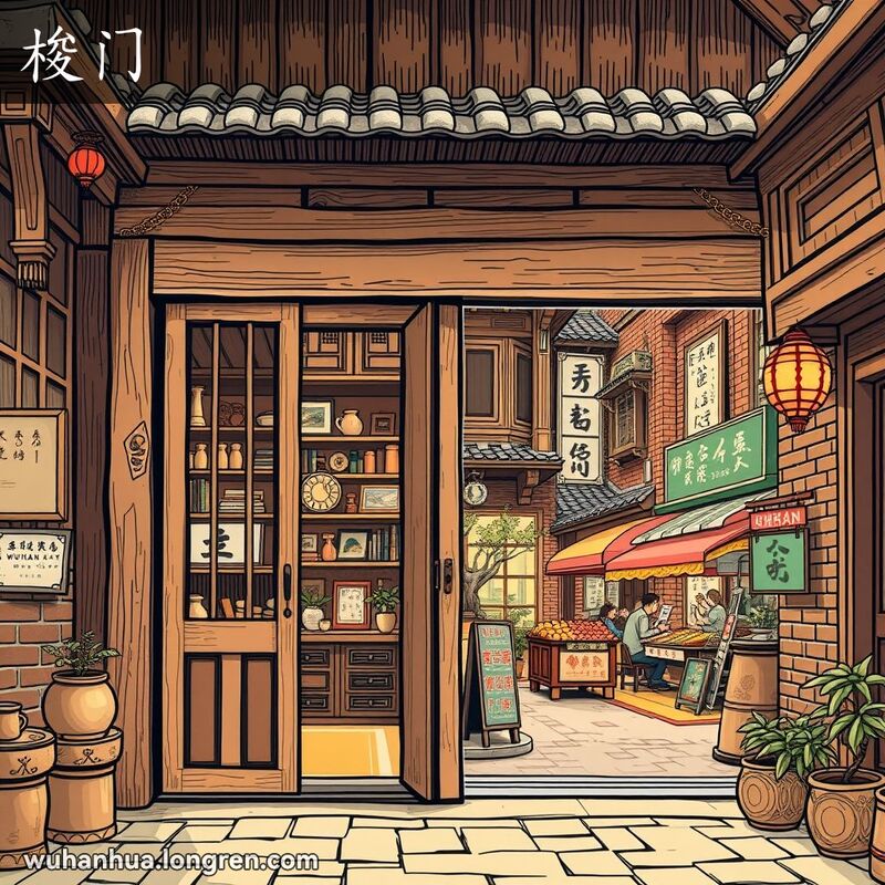 一扇传统的武汉滑动门部分打开，露出温馨的室内景象，背景是武汉老街景
