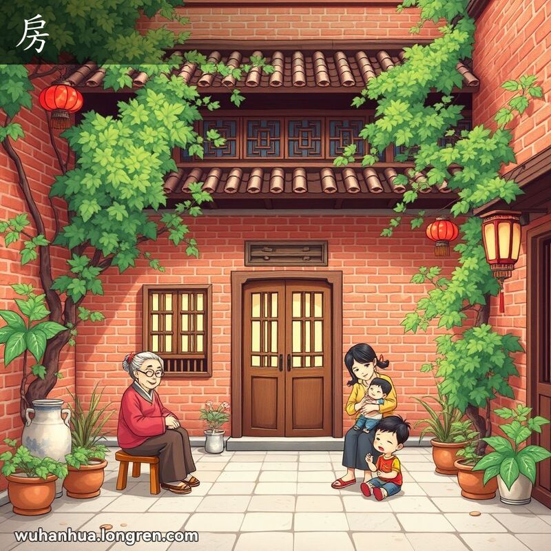 一个传统的武汉小院，院子里有一栋两层的小楼，楼下是一个大房间，楼上是一个小房间，院子里有一家人在生活。