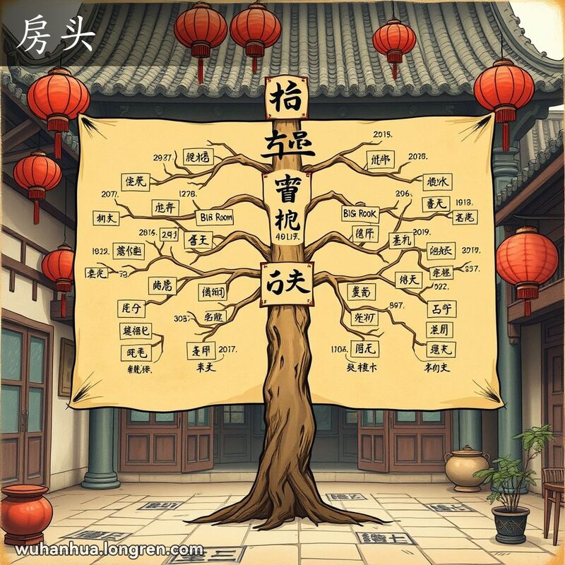 一个大家族的家谱图，每个分支标注为大房、二房、三房等，背景是老式中国庭院和红灯笼