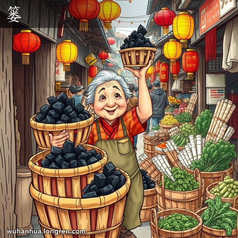 一个传统的武汉街市场景，摊位上的竹篓装满了木炭，摊主老妇人手拿竹篓，背景有其他摊位卖蔬菜和纸张。