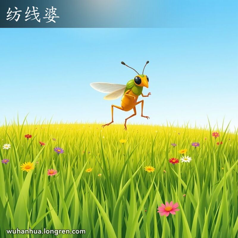 一只黄褐色或绿色的纺线婆在草地上跳跃，背景是蓝天和草叶与野花