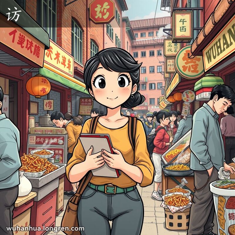 一位武汉年轻女子在市场中行走，手持笔记本和笔，向摊贩和路人询问，背景是武汉传统小吃摊和老式建筑。