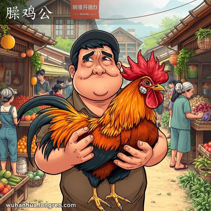 一位农民在武汉农村集市上手持一只大公鸡，表情显示出对公鸡臊味的不适，背景是热闹的集市场景。