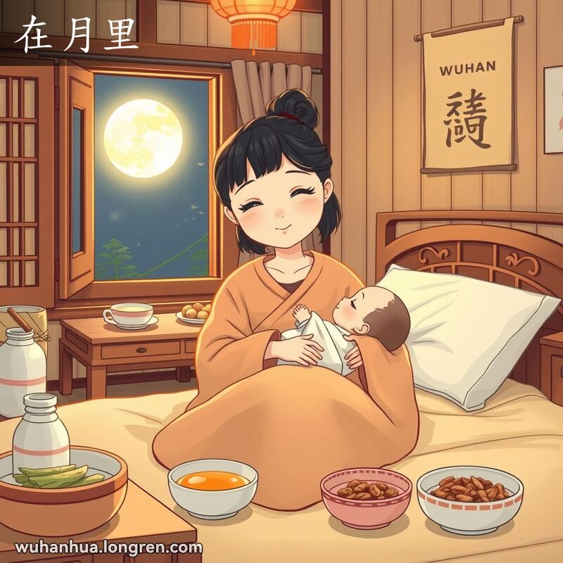 一位新妈妈在传统武汉家庭环境中坐月子，怀抱新生儿，房间里有草药汤和营养食品，背景中有满月。