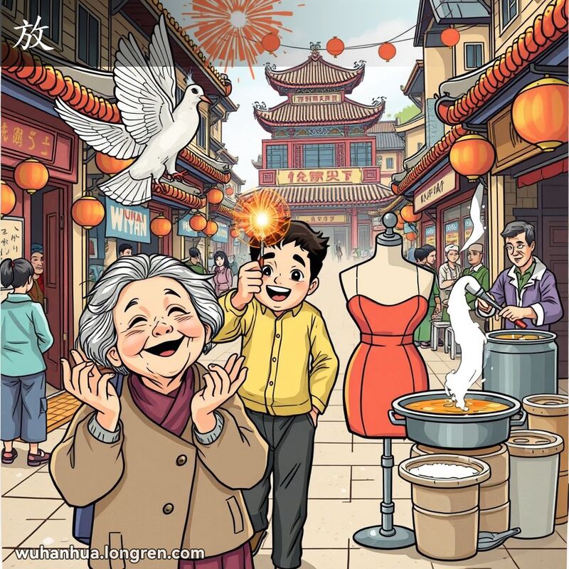 武汉街头，老妇人放鸽子，年轻人点鞭炮，裁缝调整衣服，厨师加盐，展示“放”的多种含义。
