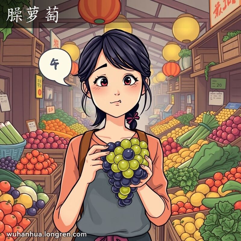 一位武汉女子在市场中手持葡萄，表情困惑，口齿不清，背景是热闹的市场景象