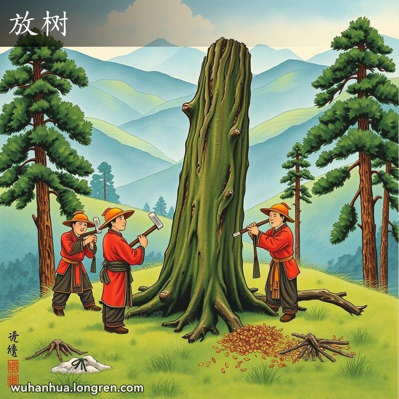 一群工人在山坡上砍倒大树，背景是宁静的山景和蓝天白云