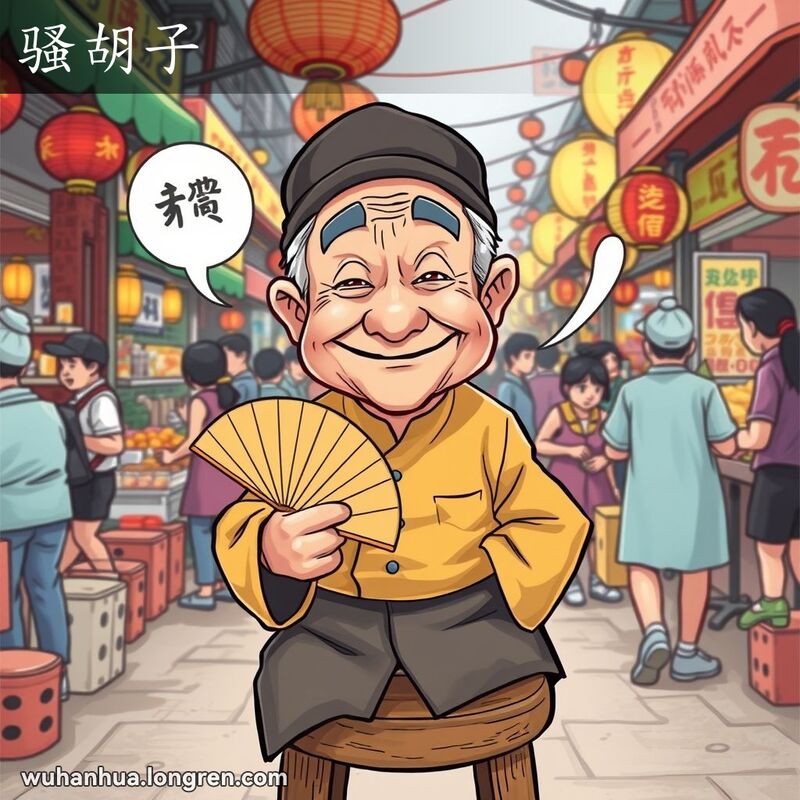 一位表情狡黠的老人坐在武汉市场的木凳上，手持扇子，准备说些不正经的话，背景是热闹的市场摊位和忙碌的人群。