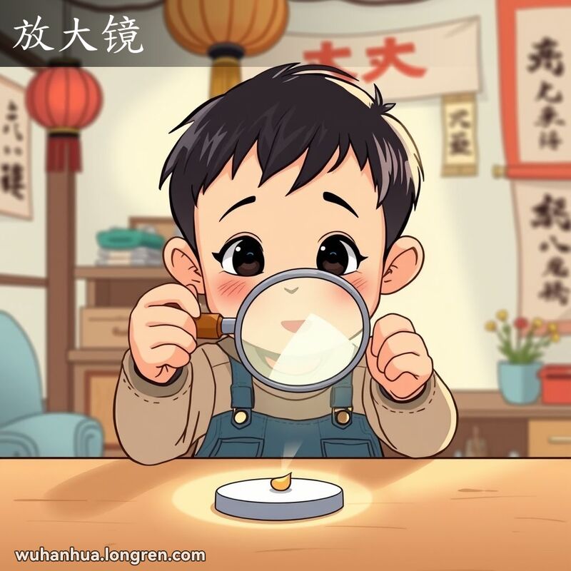 一位武汉孩子手持放大镜，好奇地观察桌上的小物件，背景是温馨的家庭环境