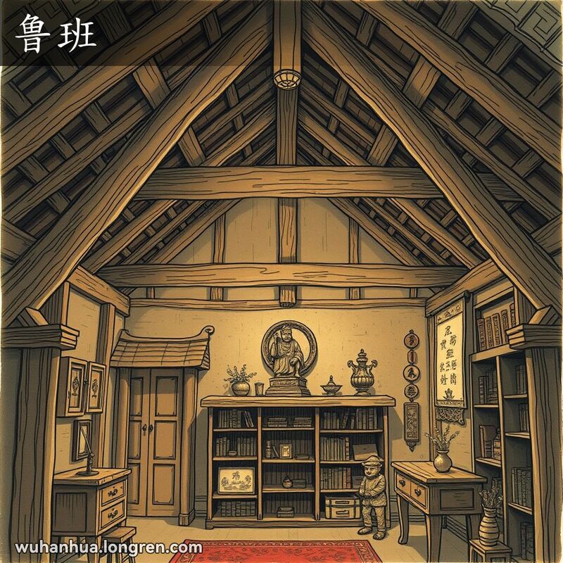 一座传统的武汉老房子，屋梁中隐藏着一个精致的鲁班木雕模型，背景是昏暗的房间和传统家具。