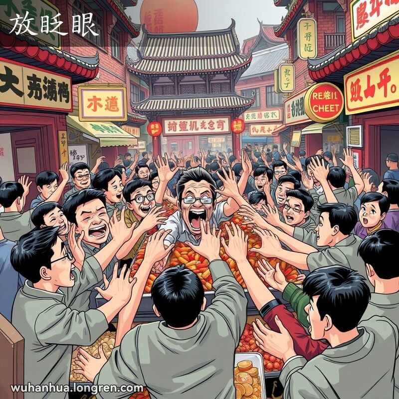 一群人在武汉市场上疯狂抢购商品，背景是传统的市场景象，表现“放眨眼”的场景