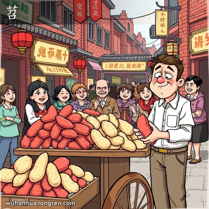 武汉街头市场，小贩售卖甘薯，背景中几个当地人指着一个手拿甘薯、表情困惑的男子大笑。