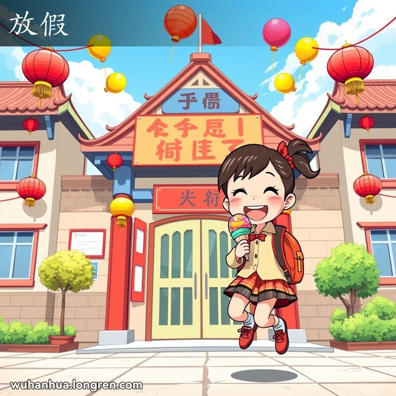 一位小学生在装饰着节日横幅和气球的校门前兴奋地跳跃，手拿冰淇淋，背景是晴朗的天空和传统中式建筑的校舍。