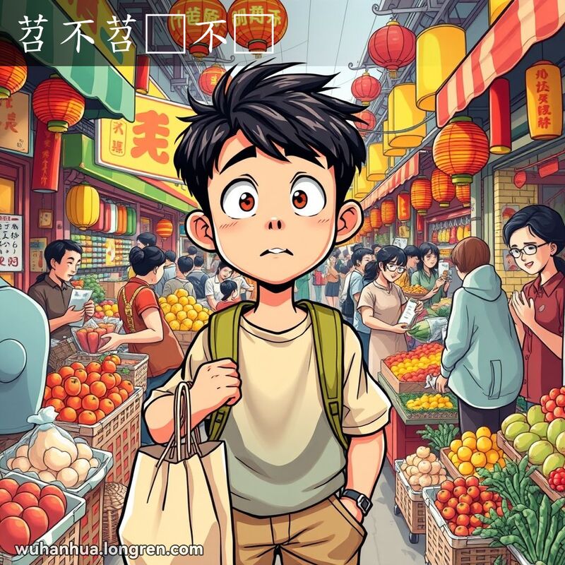 一位年轻的武汉市民在热闹的市场中，手持购物袋和清单，露出迷茫和懵懂的表情，背景是喧闹的市场摊位