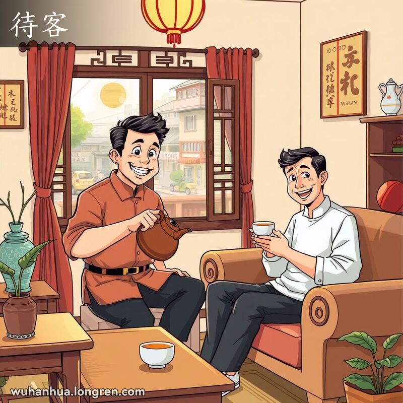 一位武汉市民在家中招待客人，倒茶的场景，背景是武汉街景