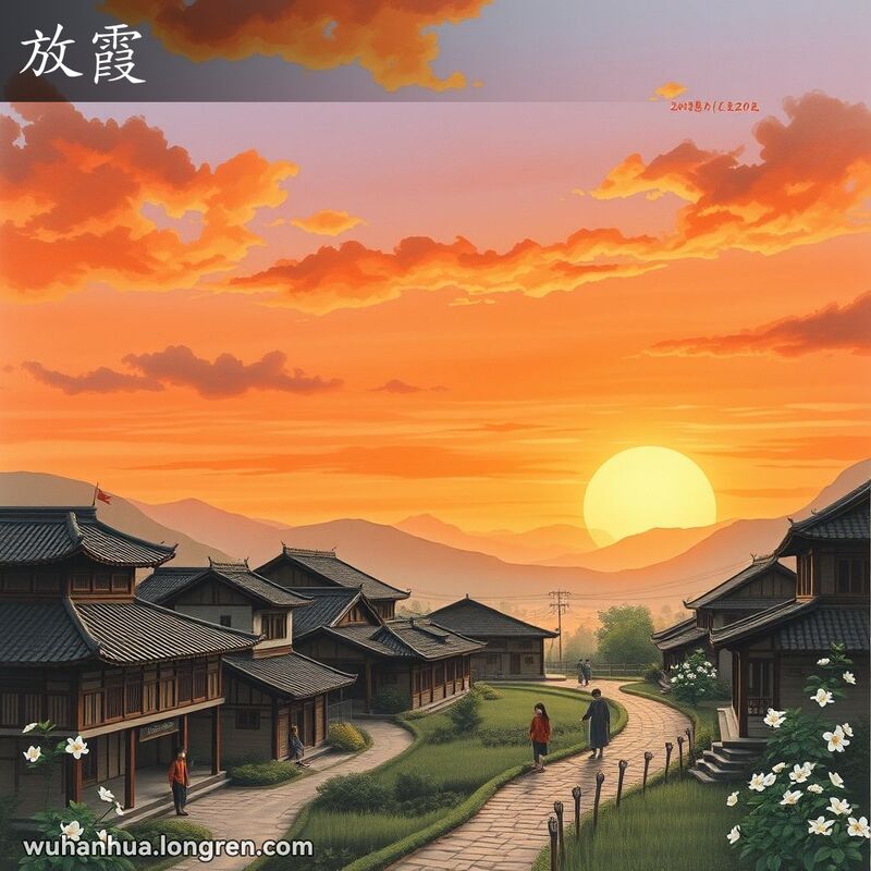 傍晚乡村景象，远处夕阳发出温暖光芒，村庄忙碌，孩子们玩耍，表现“放霞”的意境。