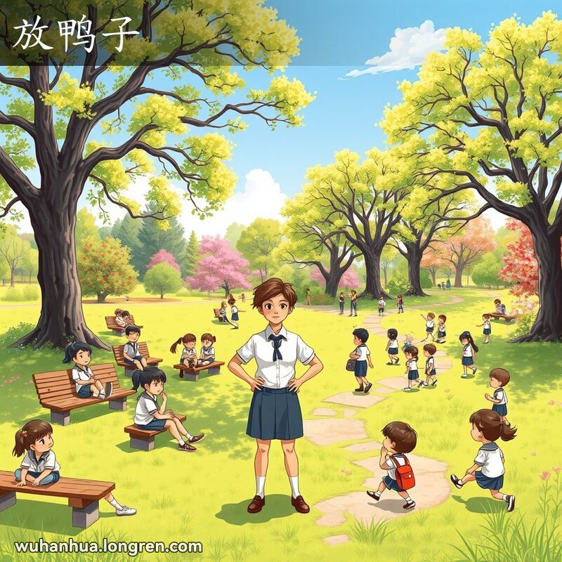 一群学生在公园里四散开来，老师站在中央试图聚集他们，背景是绿意盎然的公园