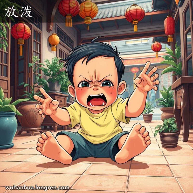一个小孩在武汉传统庭院中坐在地上，大哭大闹，表现“放泼”的情景，背景是武汉老宅和忙碌的街景