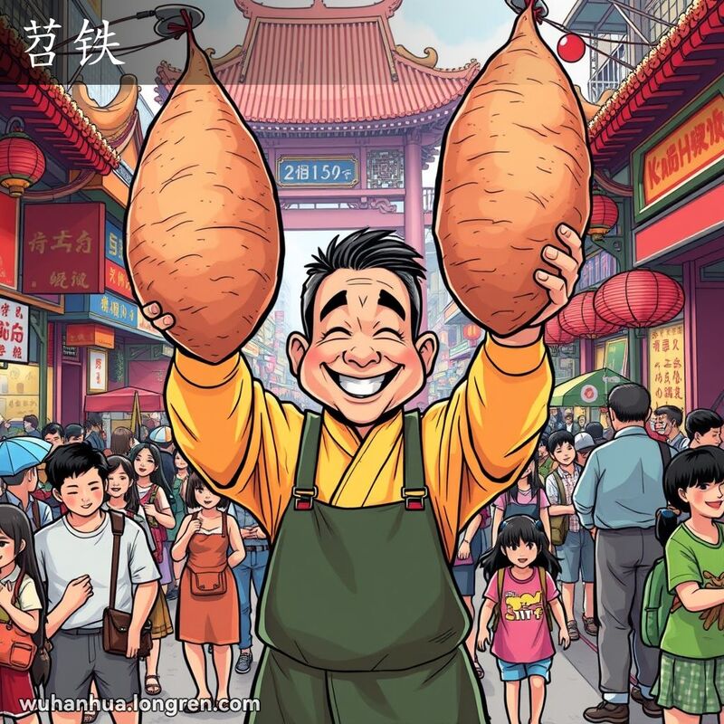 武汉街头市场，小贩手持大而硬的红薯，背景有五彩摊位和熙攘人群