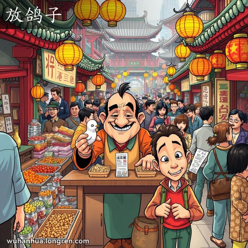 武汉市场中，店员手抓鸽子，顾客拿着收据表情困惑，背景热闹混乱。