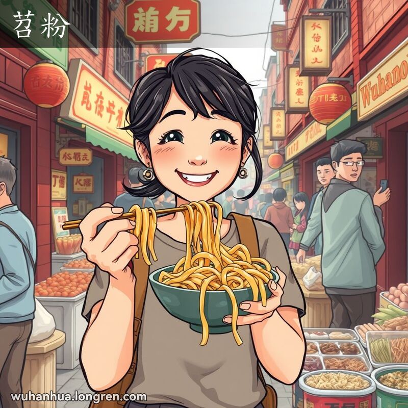 一位武汉女子在街边市场上手持苕粉，脸带笑容，背景是武汉老街景
