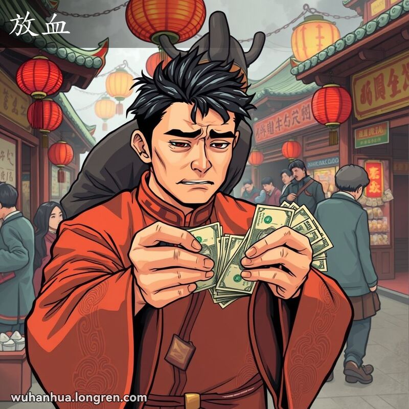 一位身穿传统服装的男子在市场上被逼迫交出钱财，背景是热闹的市场场景