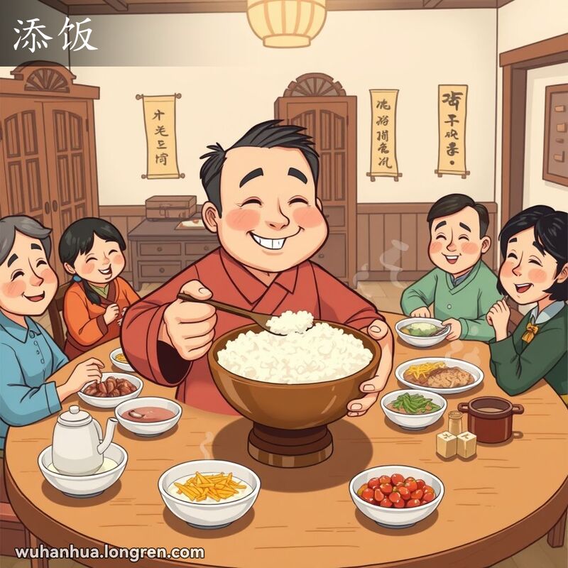 一个武汉家庭聚餐场景，一位中年男子正在用大碗盛米饭，并将米饭添加到自己的小碗中，背景是一个传统的武汉家庭餐厅，桌上摆满了各种菜肴。