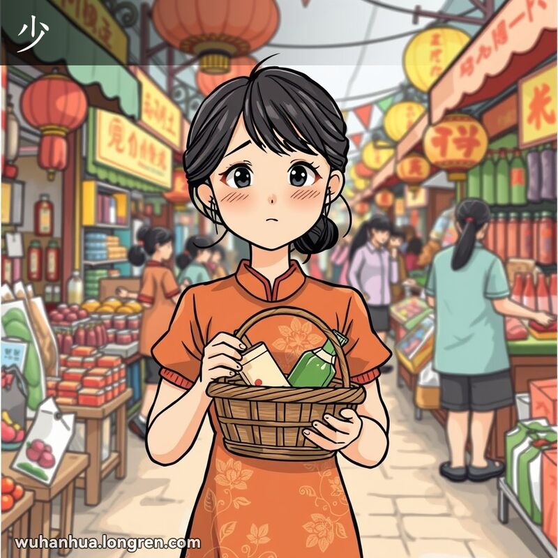 一位年轻女子在武汉市场中手持少量物品的篮子，脸上露出失望的表情，背景是热闹的市场摊位