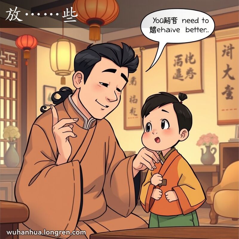一位穿着传统中国服饰的家长在温馨的老式客厅中与孩子交谈，家长做出叮嘱的手势，孩子抬头看着家长，房间内有灯笼和书法挂轴。