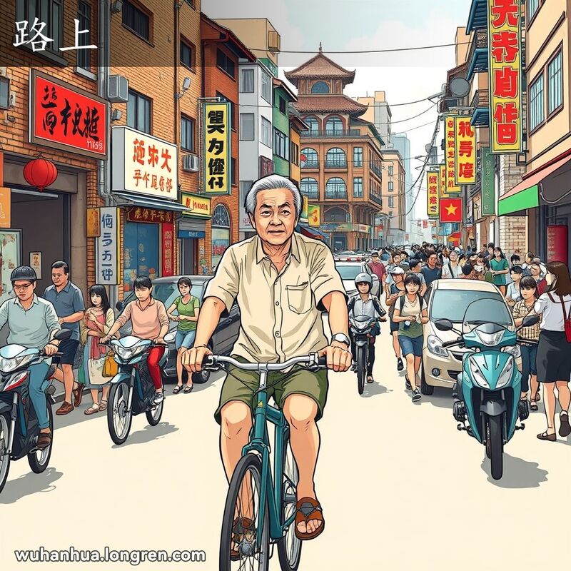 武汉街道上，一位中年男子骑自行车穿梭在拥挤的街道上，背景有老砖房和小店铺。