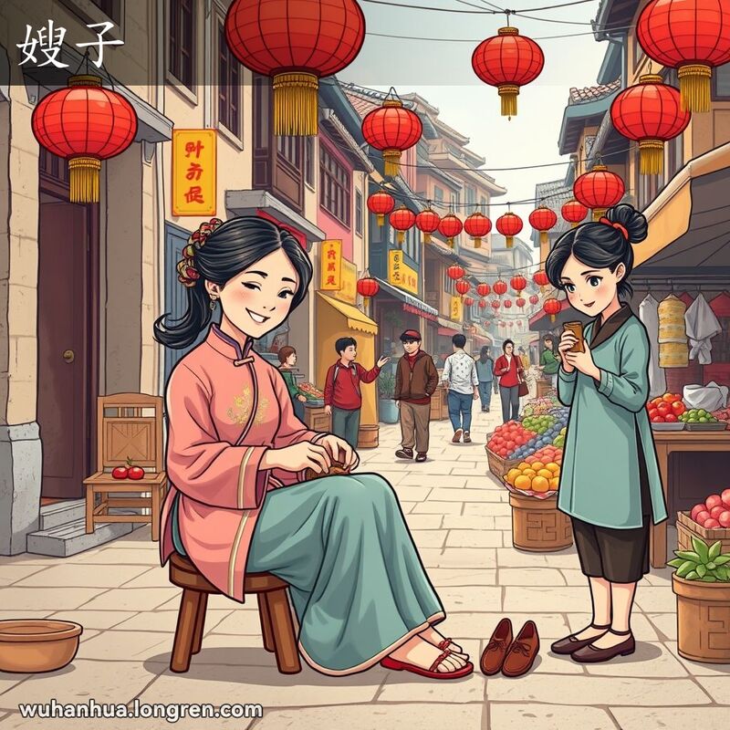 一位年轻的武汉妇女在街边手工制作鞋子，她的妹妹在旁边观察和学习，背景是繁忙的市场和老式建筑