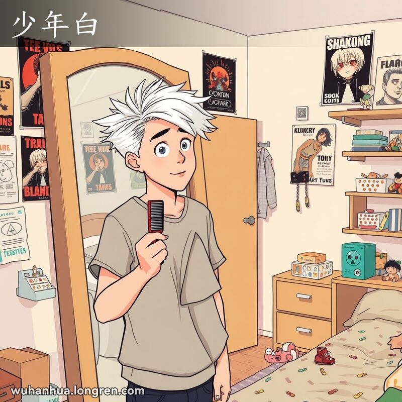 一位年轻男子站在镜子前，发现自己头发已经白了，脸上带着惊讶和担忧的表情，背景是装饰着流行乐队海报的卧室。